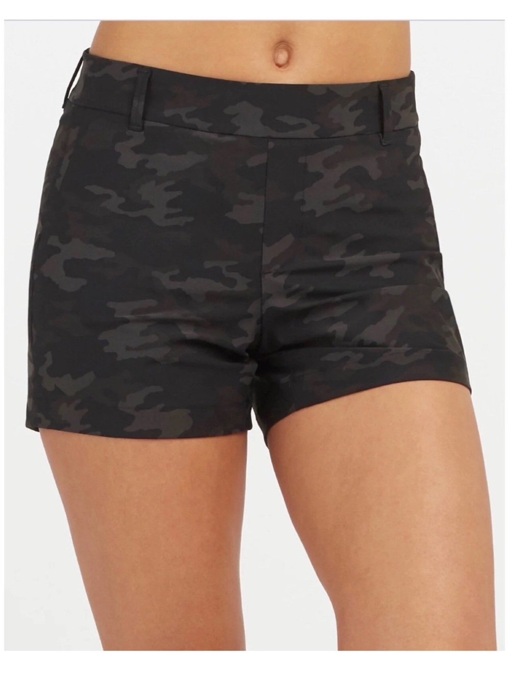 SPANX Black Camo Sunshine Pull-On Stretch Shorts Size M 6” inseam Gym Running